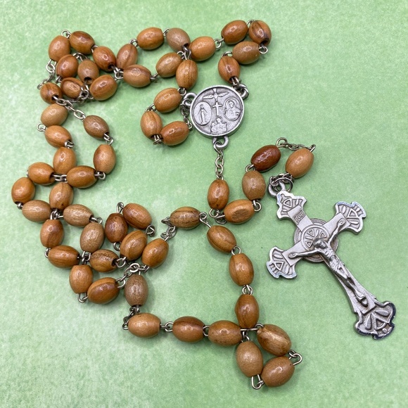 Pewter Catholic Rosary Olive Wood Beads Religious - Picture 1 of 9